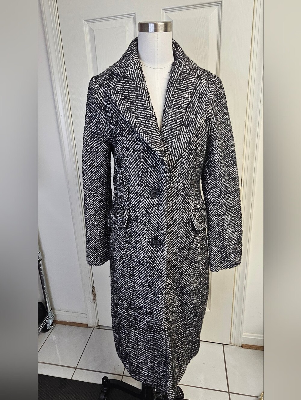Lauren Ralph Lauren Black White Herringbone Wool Blend Walker Coat Size 4